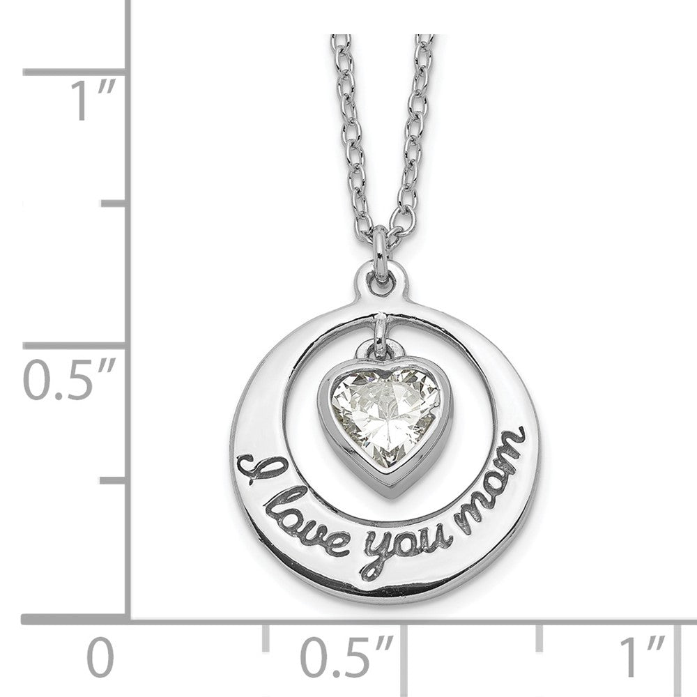 Sterling Silver Rhod-pltd CZ Heart LOVE YOU MOM w/2in ext Necklace