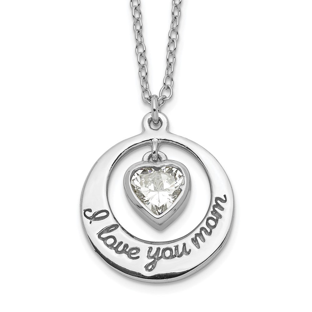 Sterling Silver Rhod-pltd CZ Heart LOVE YOU MOM w/2in ext Necklace