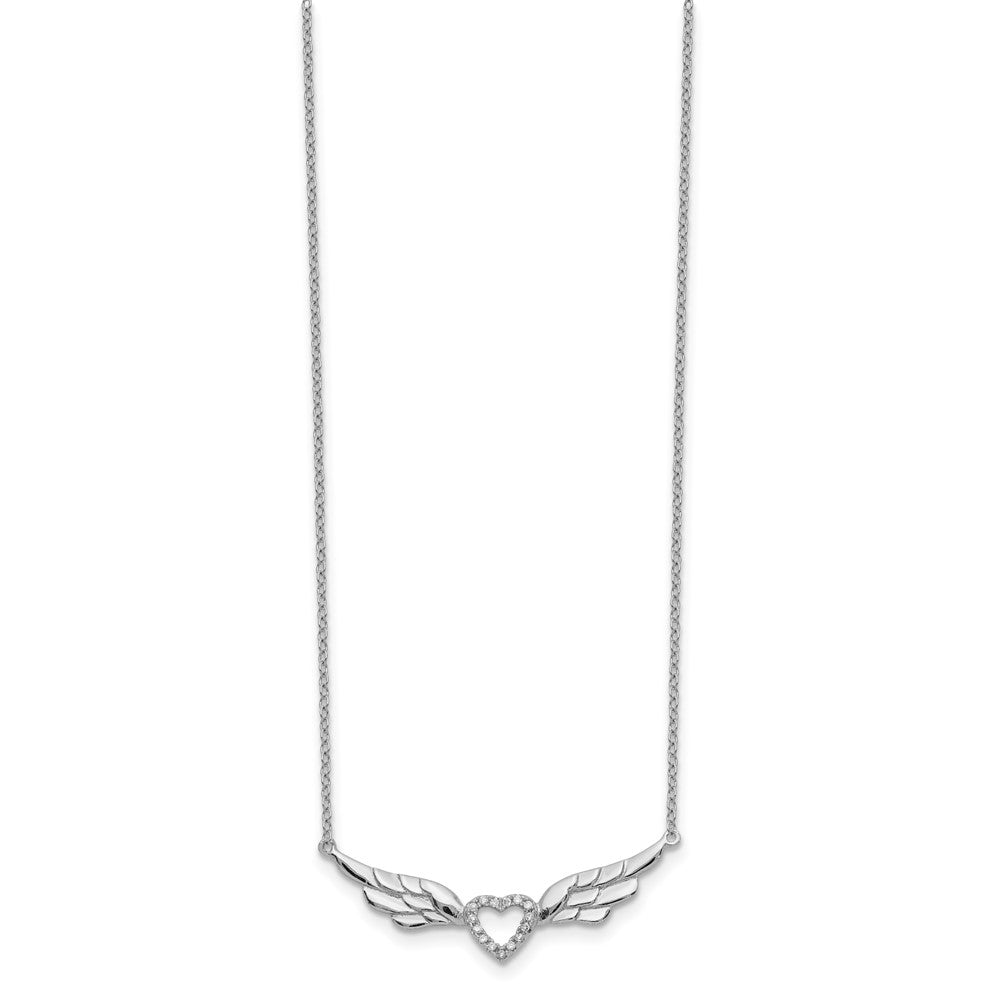 Sterling Silver Rhodium-plated CZ Heart w/Wings w/1in ext Necklace