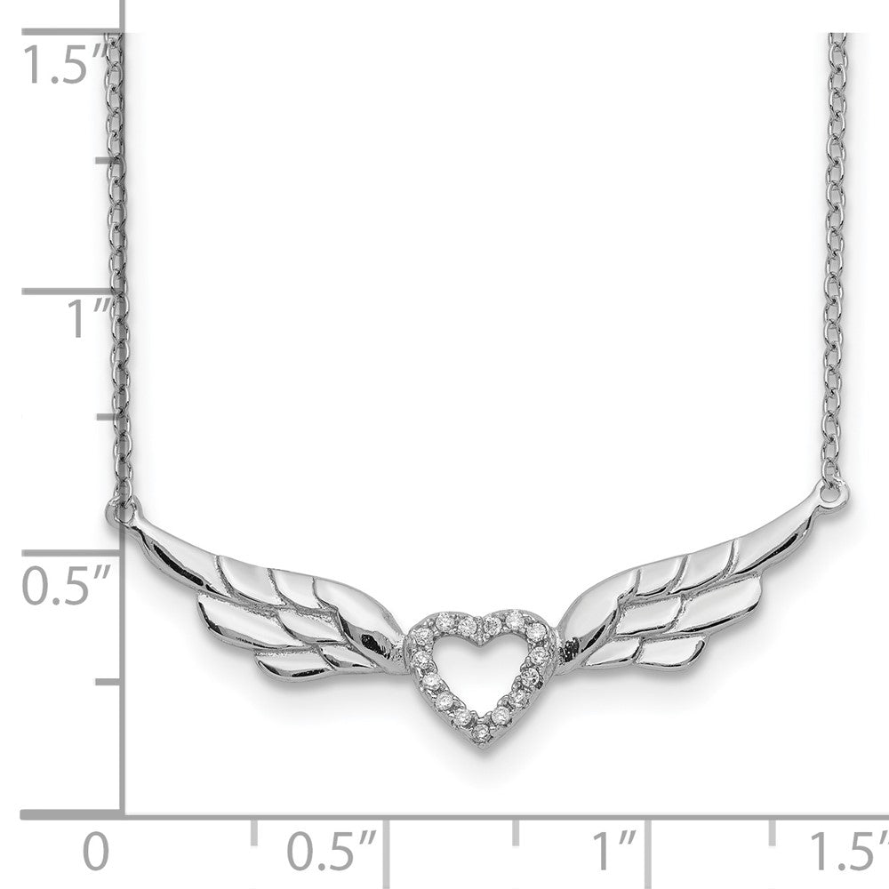 Sterling Silver Rhodium-plated CZ Heart w/Wings w/1in ext Necklace