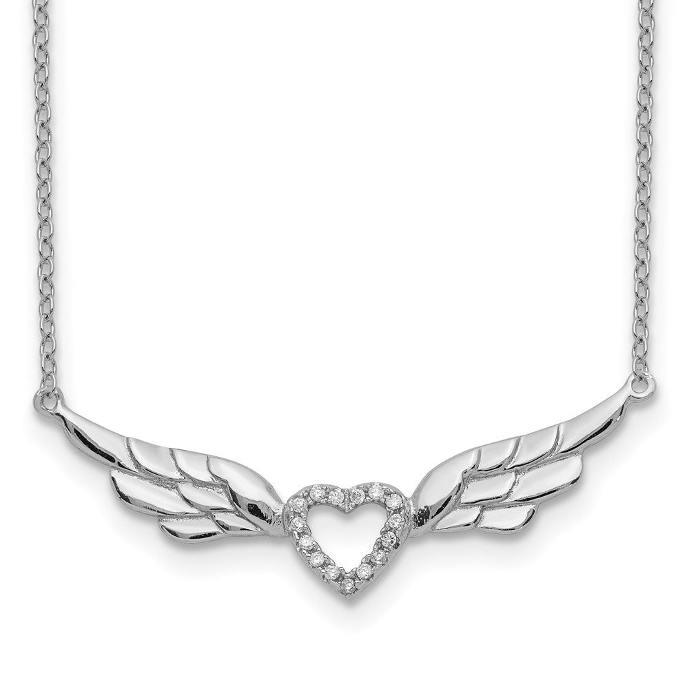 Sterling Silver Rhodium-plated CZ Heart w/Wings w/1in ext Necklace