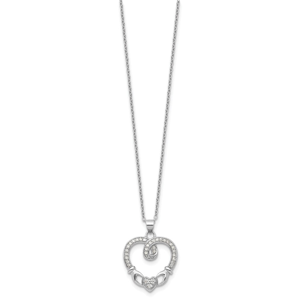 Sterling Silver Rhod-plated Claddagh Heart CZ W/ 1 in ext.Necklace