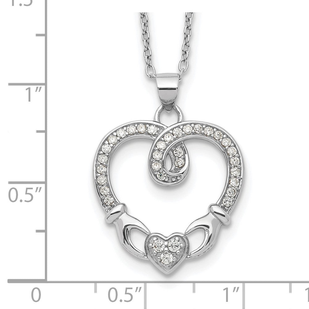 Sterling Silver Rhod-plated Claddagh Heart CZ W/ 1 in ext.Necklace
