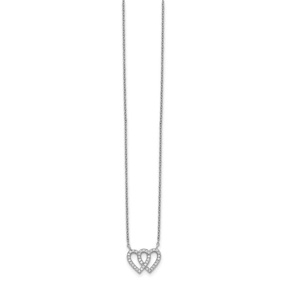Sterling Silver Rhodium-plated 2-Heart CZ w/1in. Ext. Necklace