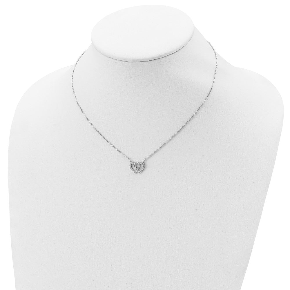 Sterling Silver Rhodium-plated 2-Heart CZ w/1in. Ext. Necklace