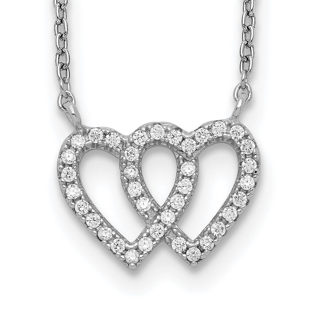 Sterling Silver Rhodium-plated 2-Heart CZ w/1in. Ext. Necklace