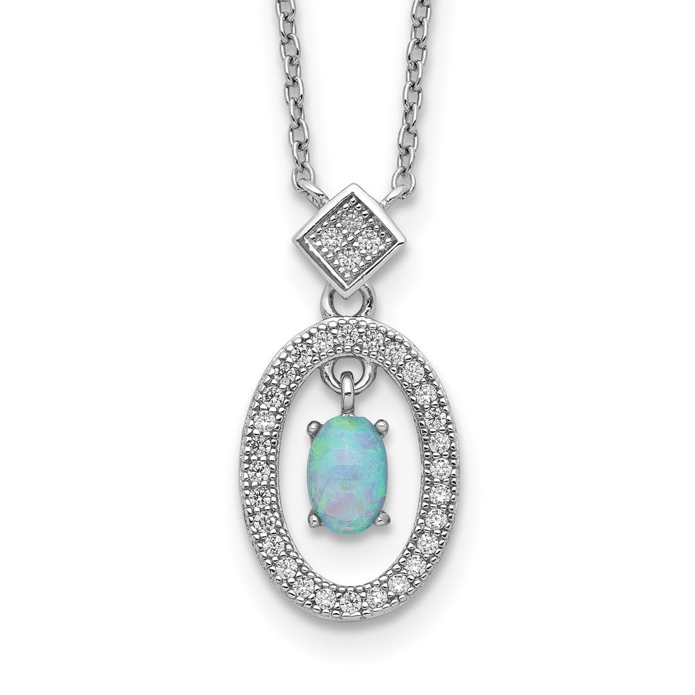 Sterling Silver Rhod-platd Created Opal and CZ w/ 2in ext. Necklace