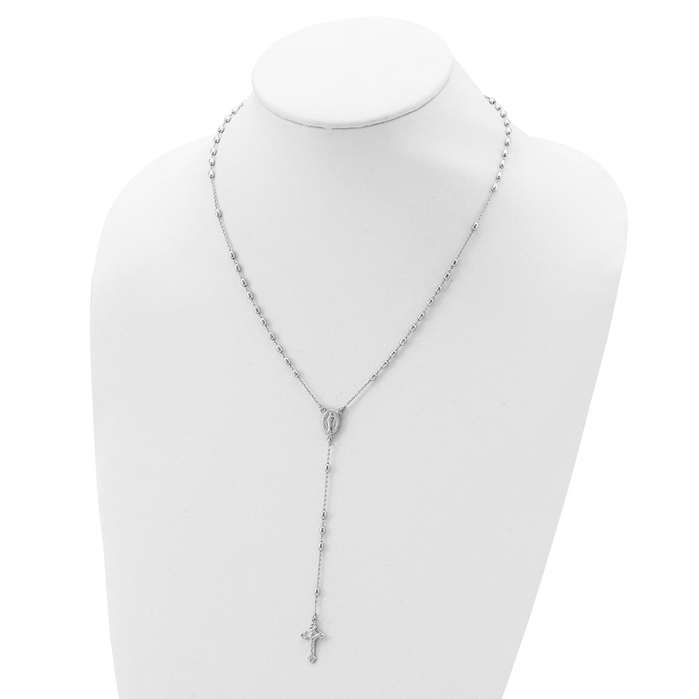 Sterling Silver Rhodium-plated Beaded Rosary18 inch w/1.25in ext Necklace