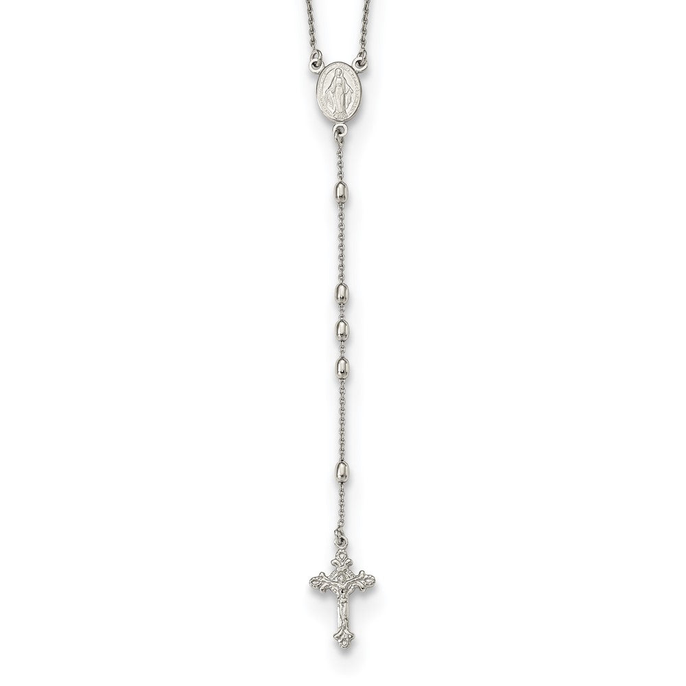 Sterling Silver Rhodium-plated Beaded Rosary18 inch w/1.25in ext Necklace