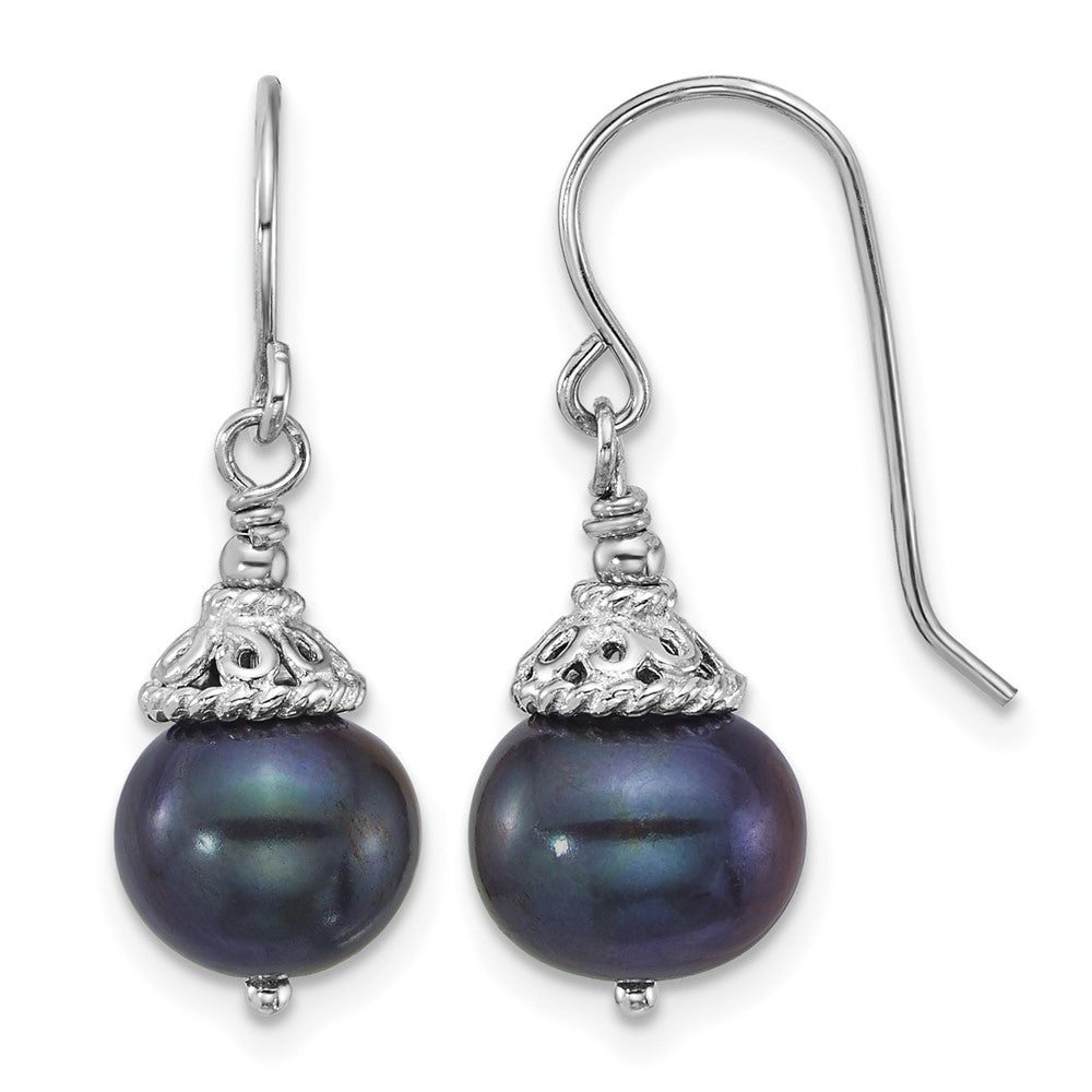 Sterling Silver Rh-plated Black FWC Pearl 18in Necklace/Earrings Set