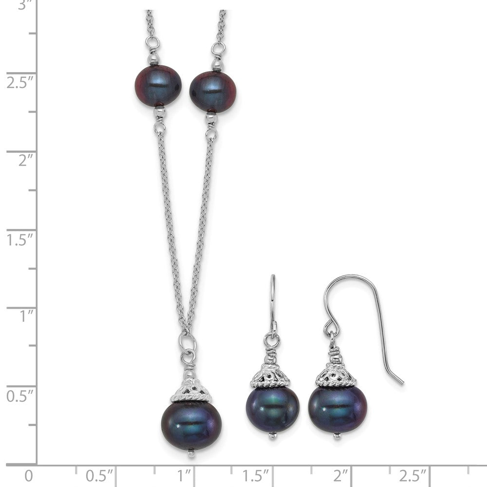Sterling Silver Rh-plated Black FWC Pearl 18in Necklace/Earrings Set