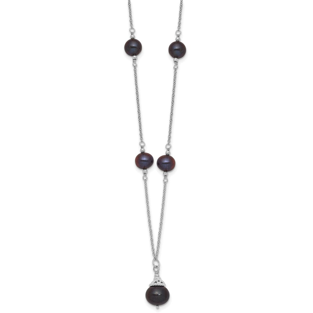Sterling Silver Rh-plated Black FWC Pearl 18in Necklace/Earrings Set