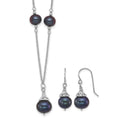 Sterling Silver Rh-plated Black FWC Pearl 18in Necklace/Earrings Set
