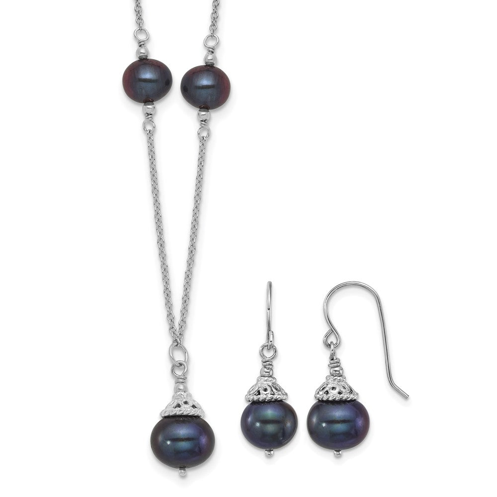 Sterling Silver Rh-plated Black FWC Pearl 18in Necklace/Earrings Set