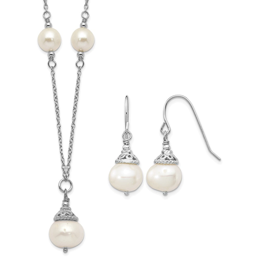 Sterling Silver Rhodium-plated 9-10mm FWC Pearl Necklace/Earrings Set