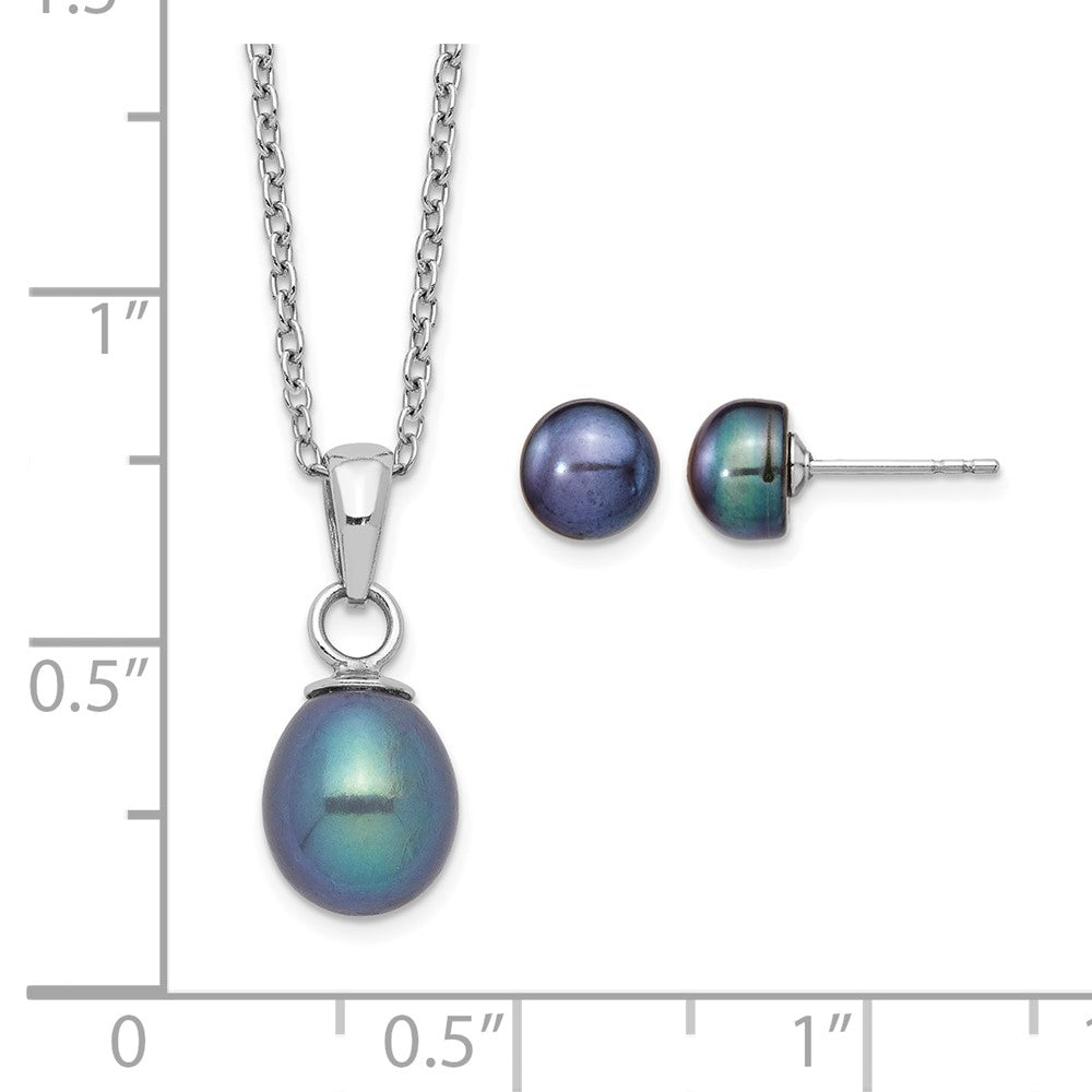 Sterling Silver Rhodium-plate FWC Black Pearl Necklace/Earrings Set