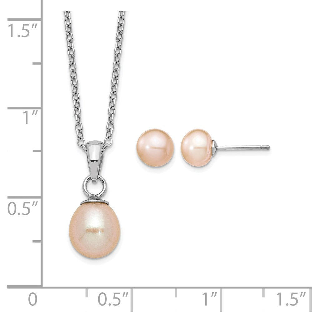 Sterling Silver Rhodium-plated Pink FWC Pearl Necklace/Earrings Set
