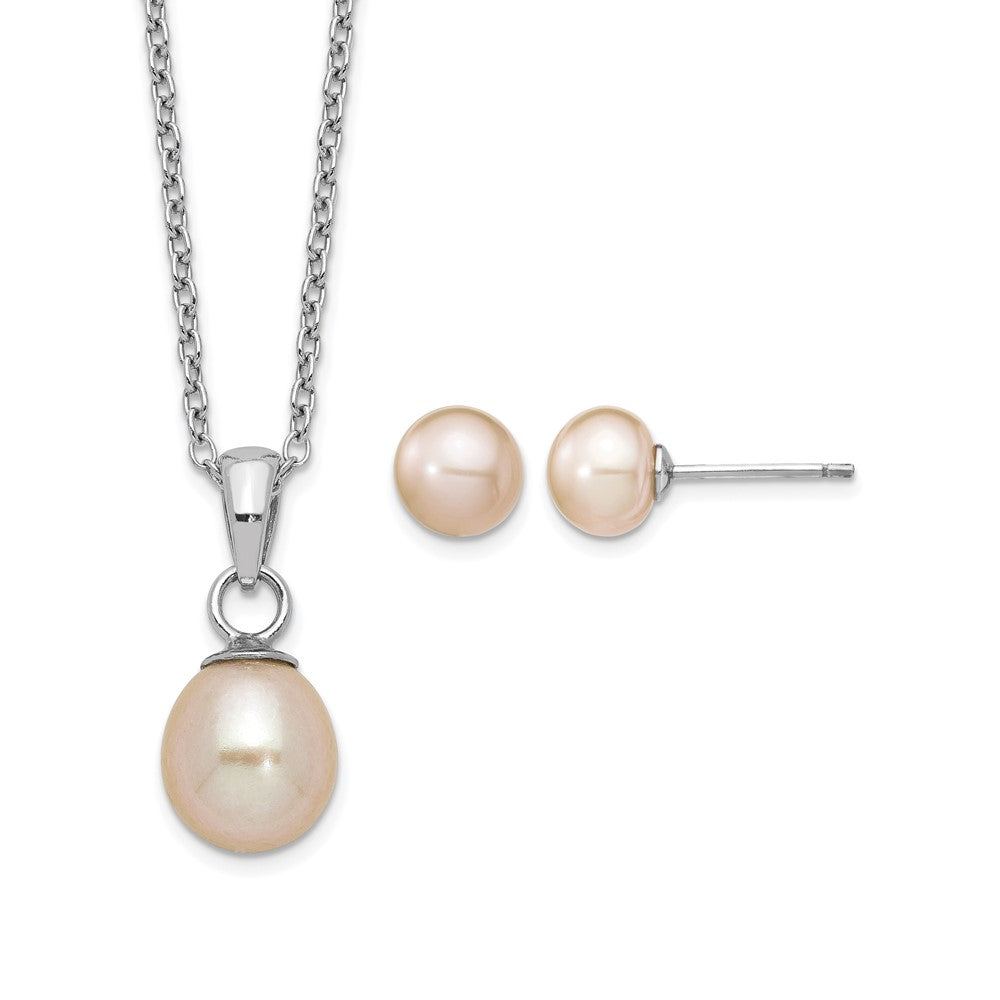 Sterling Silver Rhodium-plated Pink FWC Pearl Necklace/Earrings Set