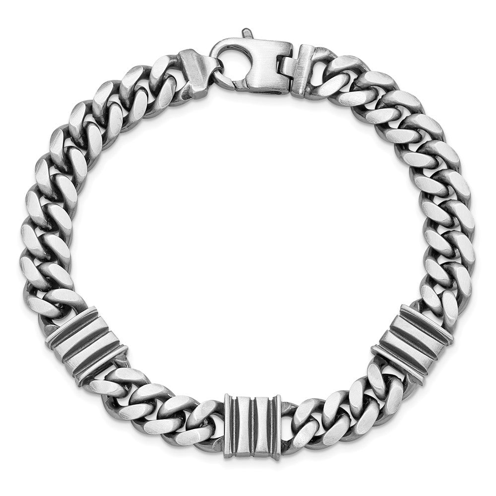 Sterling Silver Mens Antiqued Brushed Curb/Bar Bracelet