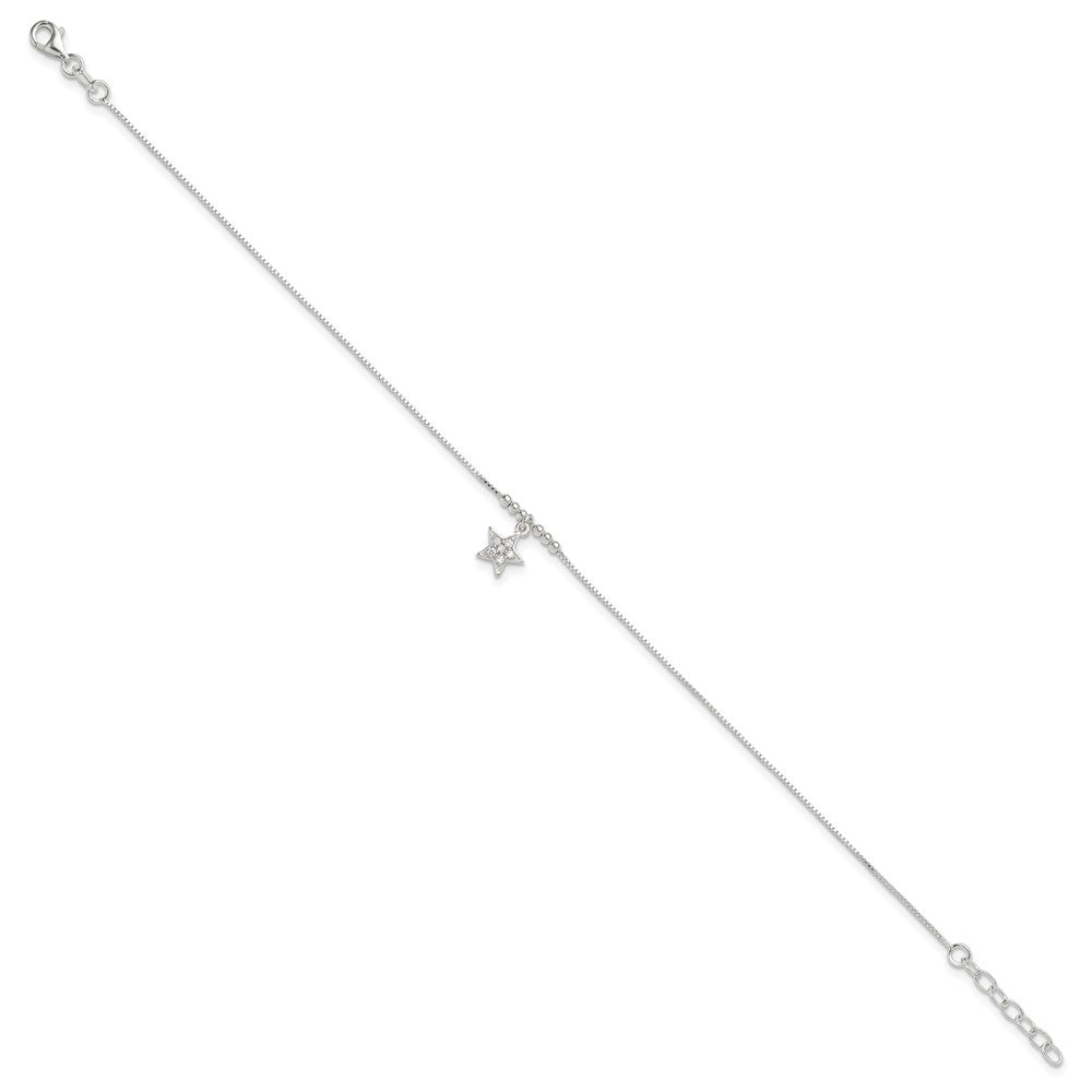 Sterling Silver CZ Star and Beads 9in Plus 1in Ext. Anklet