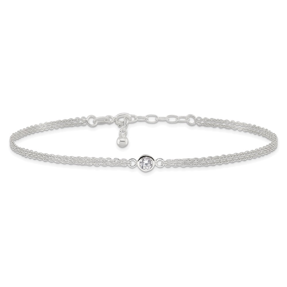 Sterling Silver Bezel CZ 2-Strand 9in Plus 1 in Ext. Anklet