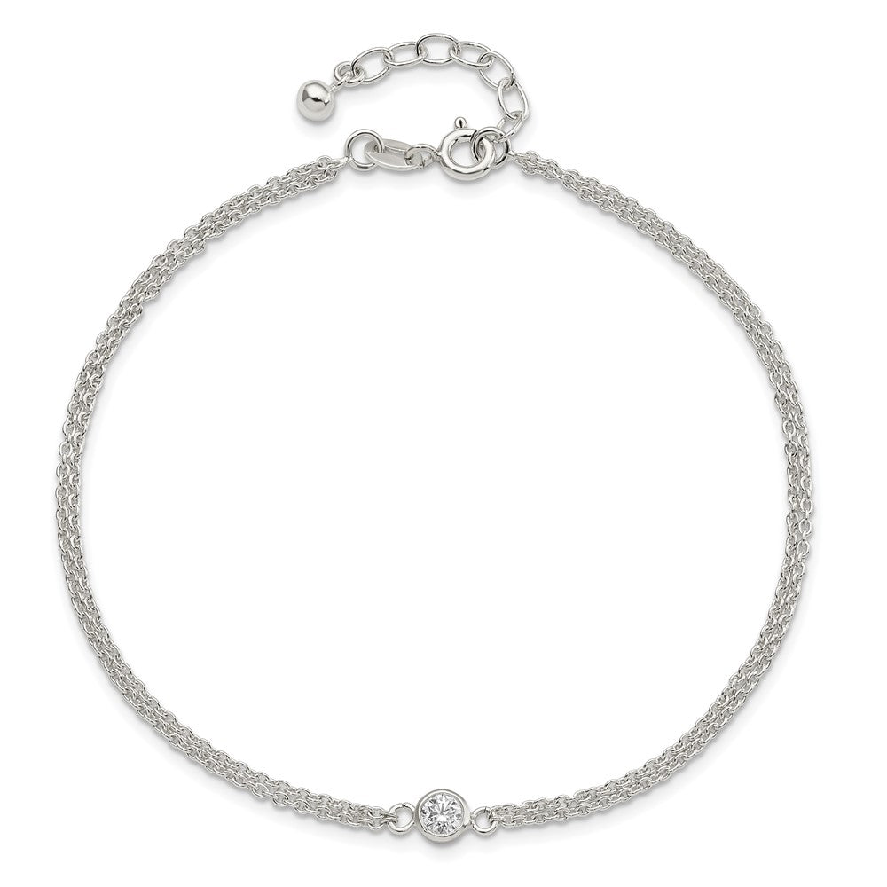Sterling Silver Bezel CZ 2-Strand 9in Plus 1 in Ext. Anklet
