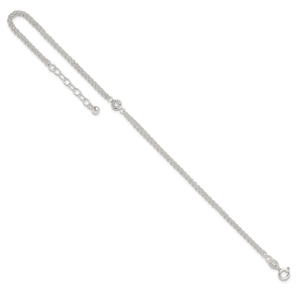 Sterling Silver Bezel CZ 2-Strand 9in Plus 1 in Ext. Anklet