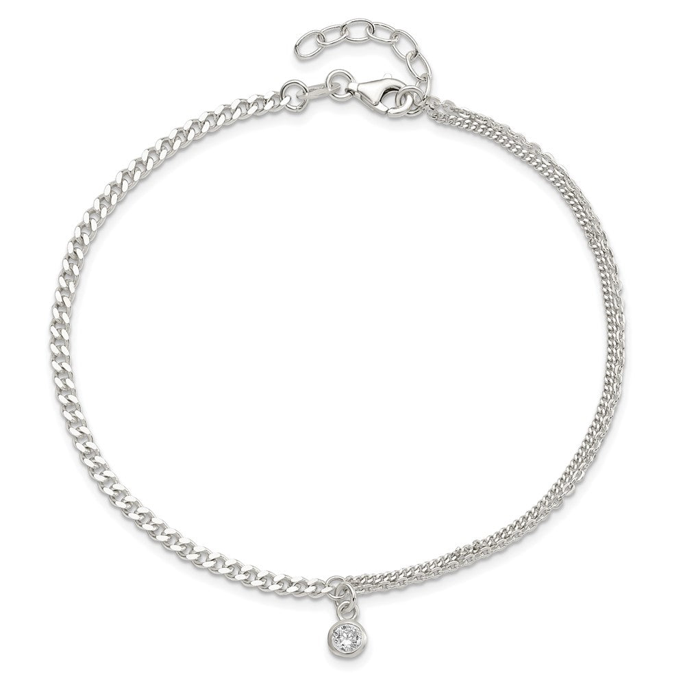 Sterling Silver CZ Fancy Chain 9in Plus 1in Ext. Anklet