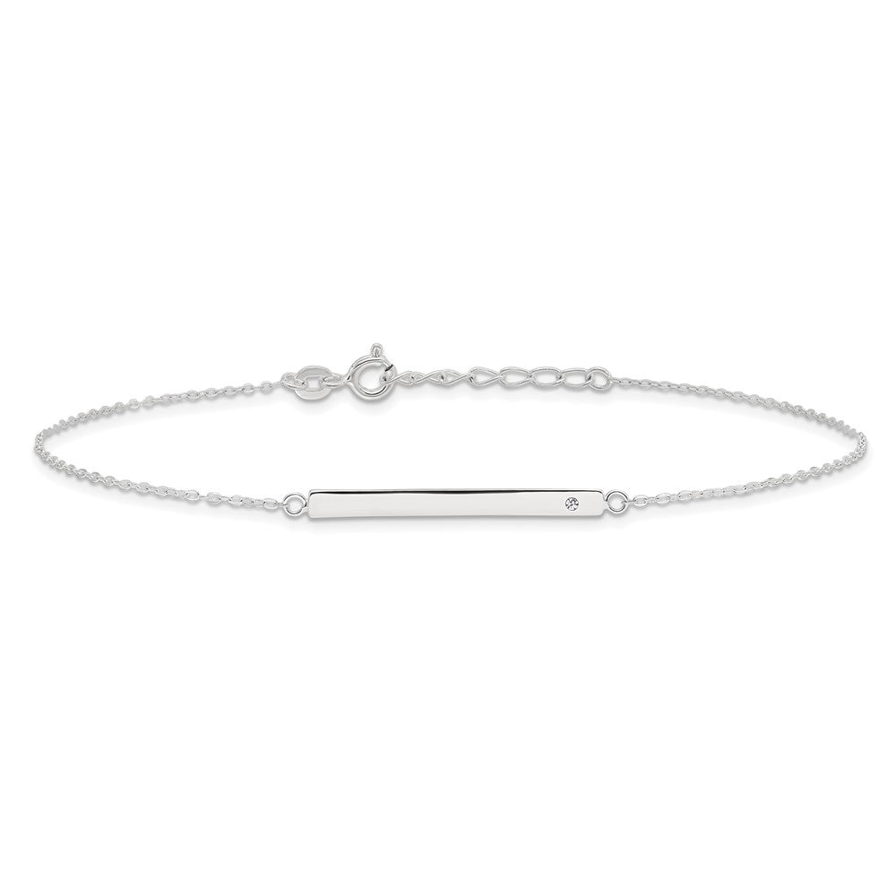 Sterling Silver Polished Crystal Bar 9in Plus 1in ext Anklet