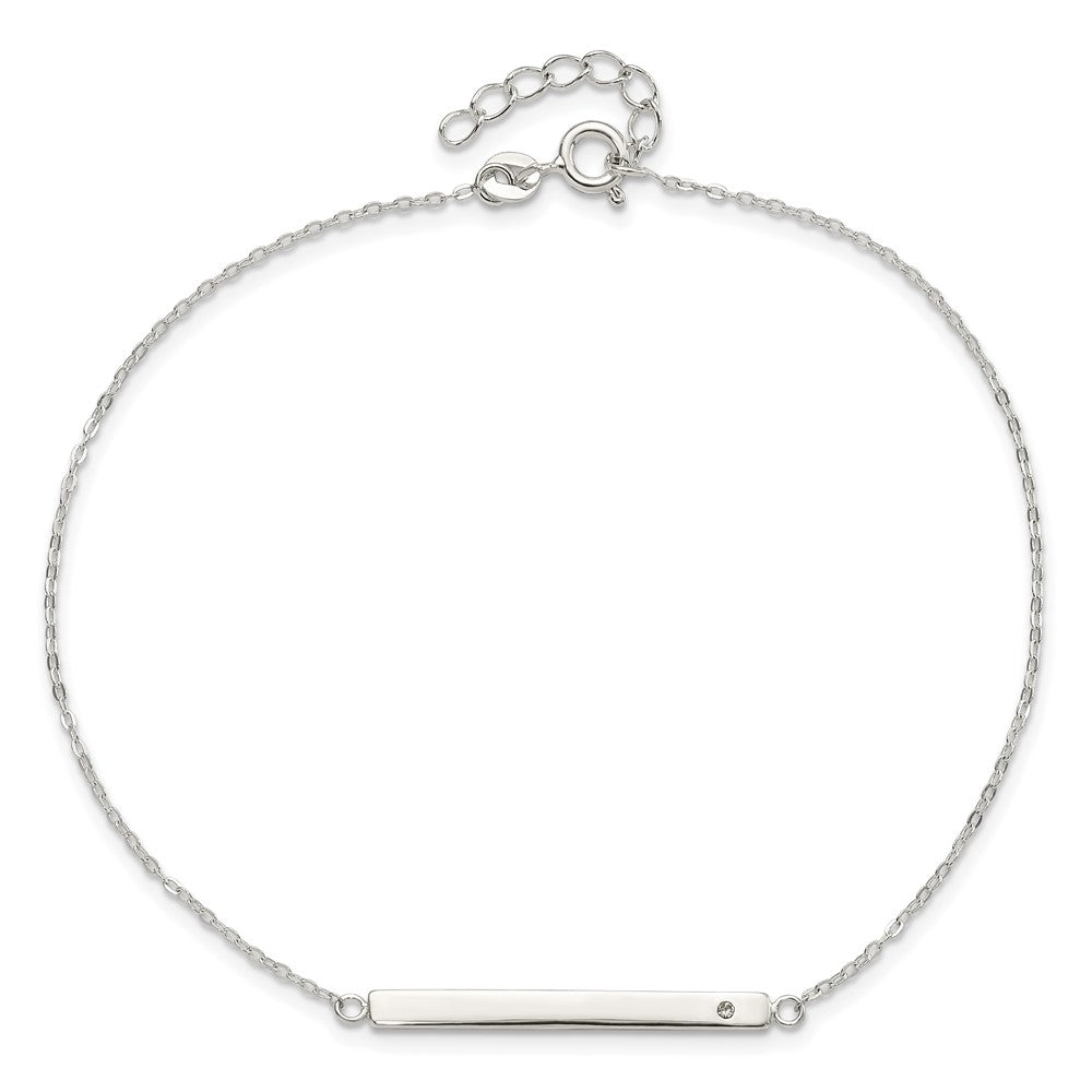 Sterling Silver Polished Crystal Bar 9in Plus 1in ext Anklet