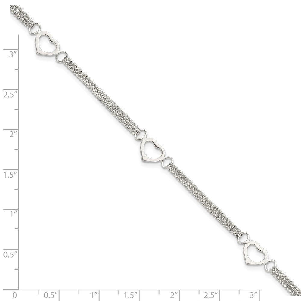 Sterling Silver Polished Multi-strand and Open Heart Link 7in Bracelet