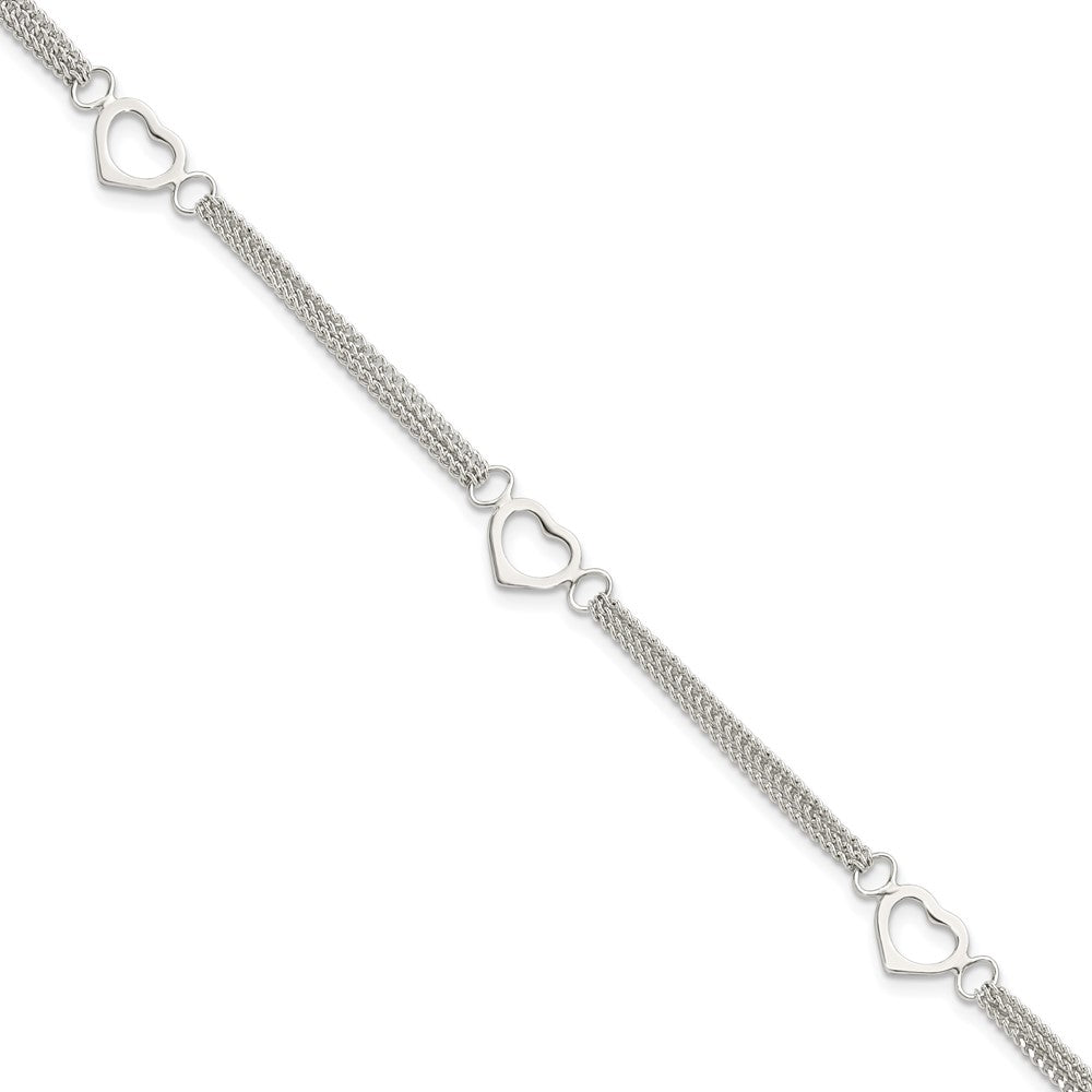 Sterling Silver Polished Multi-strand and Open Heart Link 7in Bracelet