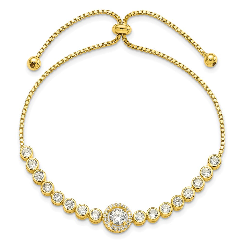 Sterling Silver Gold-plated Bezel Set CZ & CZ Halo Adjustable Bracelet