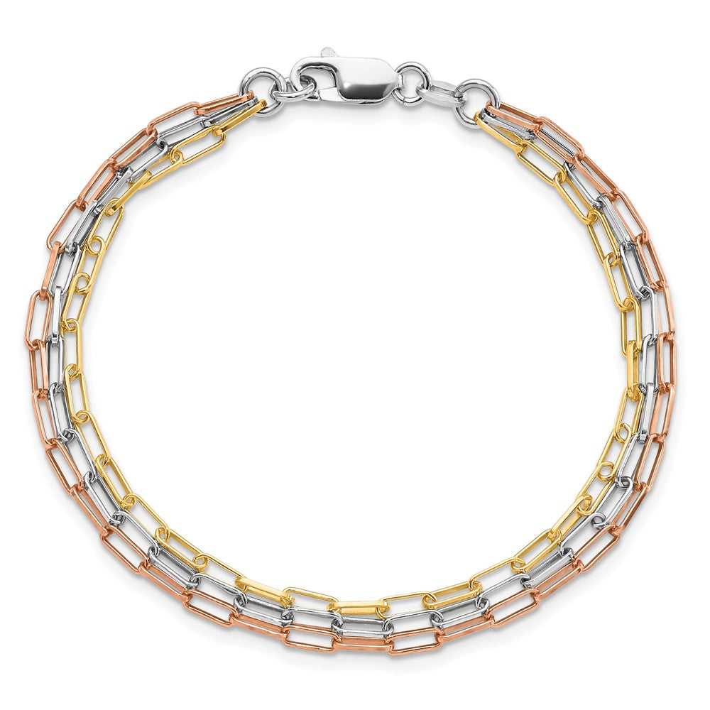 Sterling Silver RH-plate/Rose-tone/Gold-tone Paperclip 3-strand Bracelet
