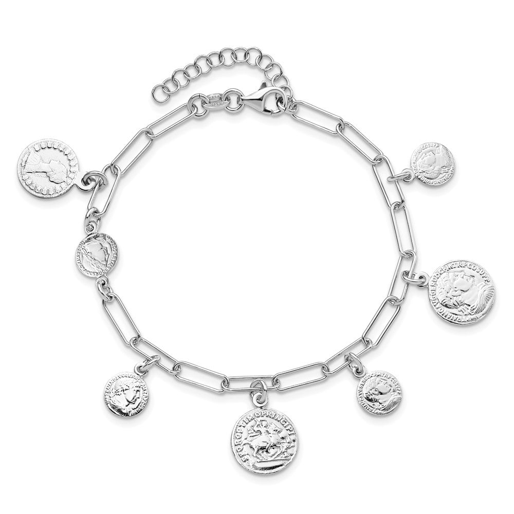 Sterling Silver Rhodium-plated Polished Coin Charm w/ 1in ext. Bracelet