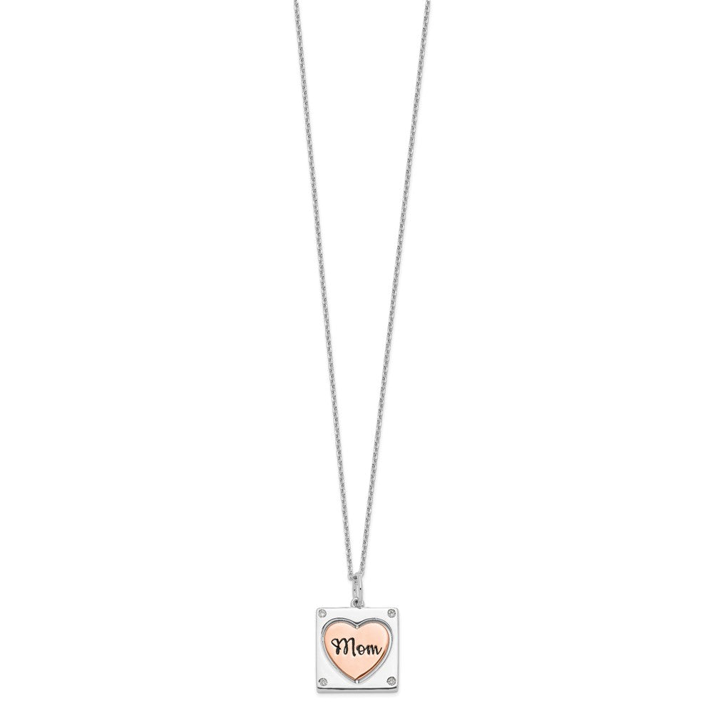 Sterling Silver RH-pltd Rose-pltd MOM/LOVE Spins CZ w/2in ext.Necklace