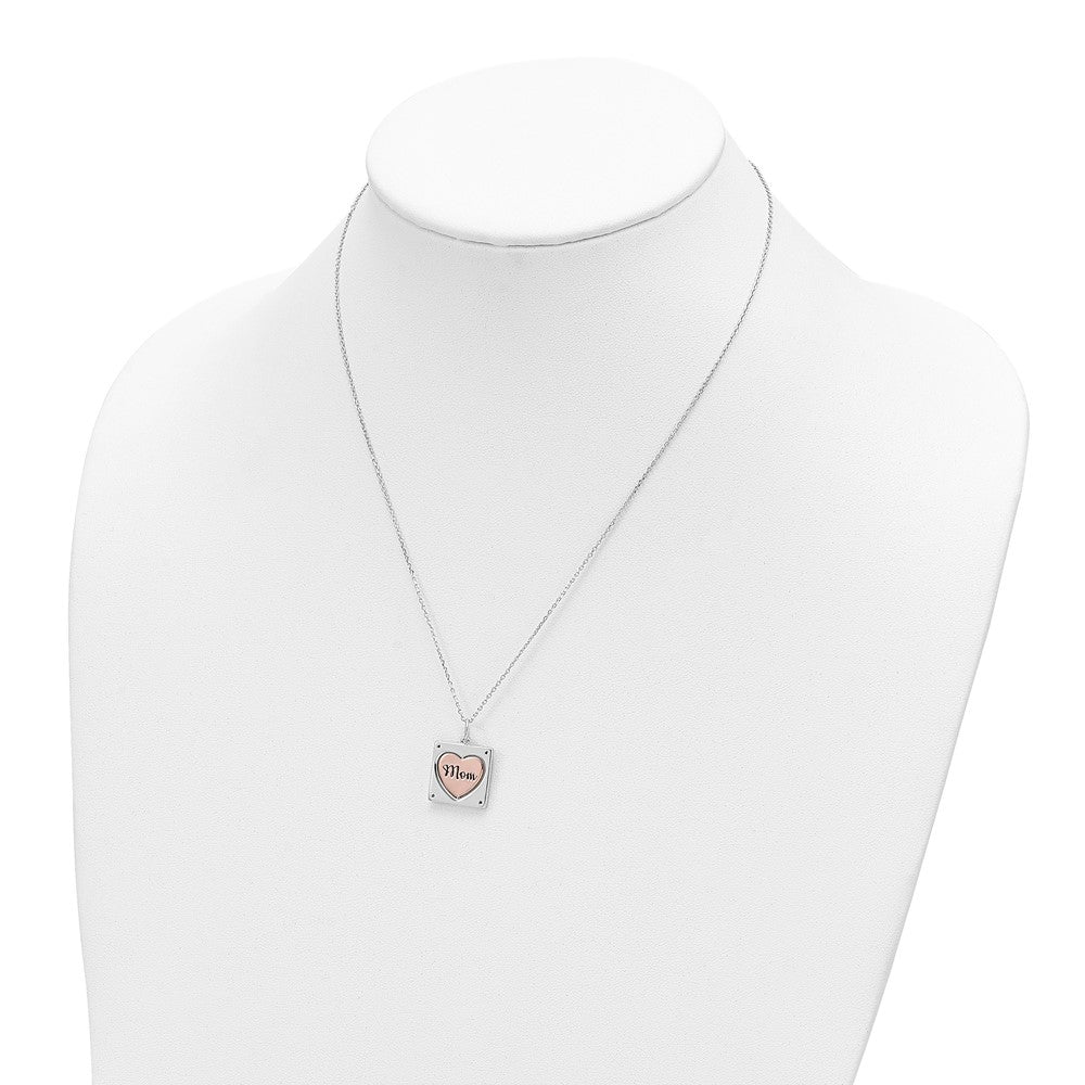 Sterling Silver RH-pltd Rose-pltd MOM/LOVE Spins CZ w/2in ext.Necklace