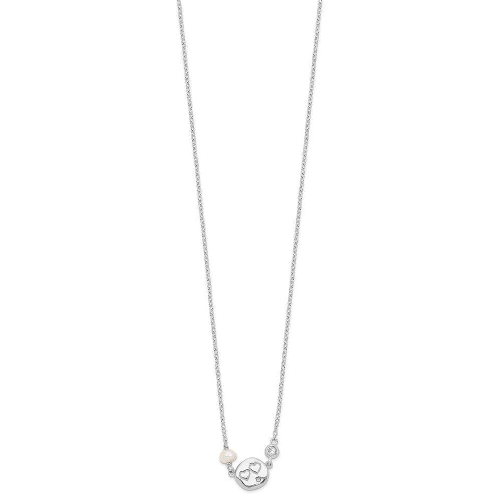Sterling Silver Rhodium-plated CZ FW Cultured Pearl w/Hearts Necklace