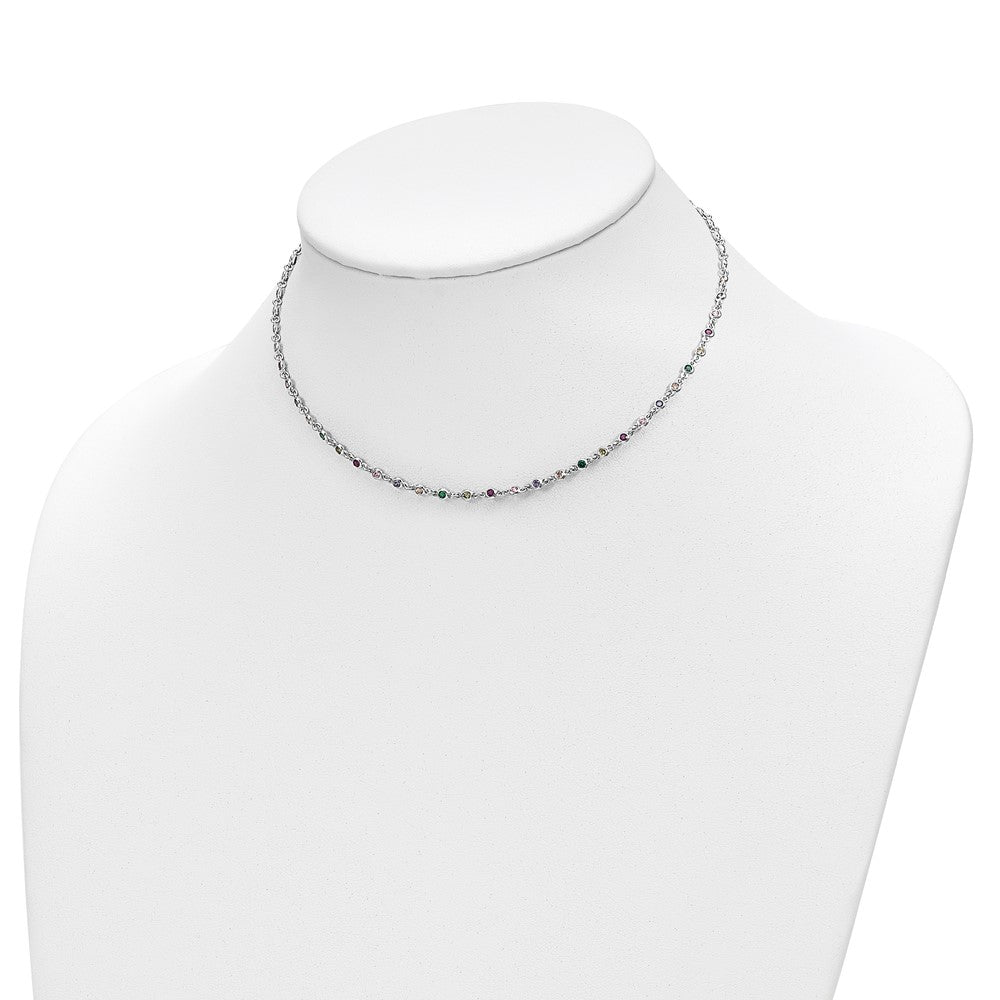 Sterling Silver Rhodium-plated Polished Multi-color CZ w/3 IN EXT Choker