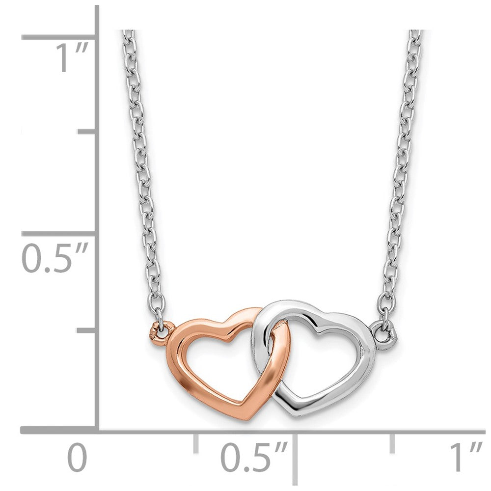 Sterling Silver Rhodium-plated Rose-tone Polished Hearts Necklace