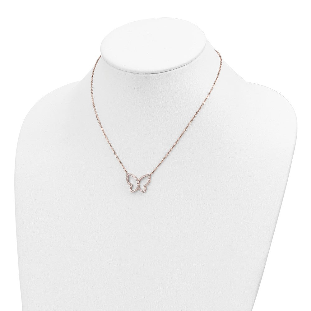 Sterling Silver Rose-plated Polished Open Butterfly CZ w/2 in ext. Necklace
