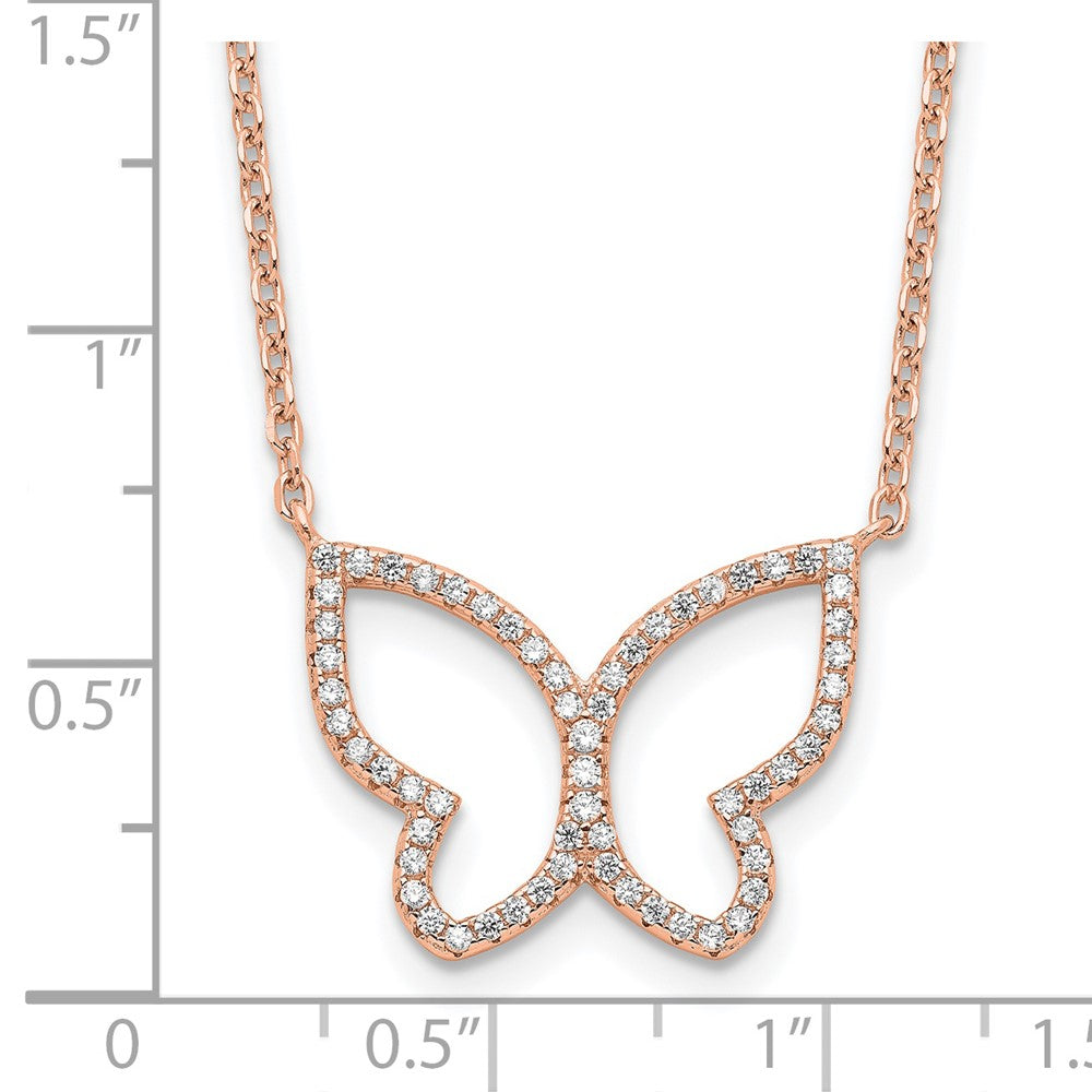 Sterling Silver Rose-plated Polished Open Butterfly CZ w/2 in ext. Necklace