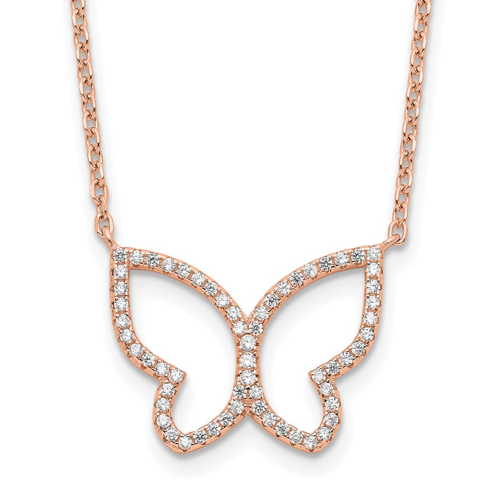 Sterling Silver Rose-plated Polished Open Butterfly CZ w/2 in ext. Necklace