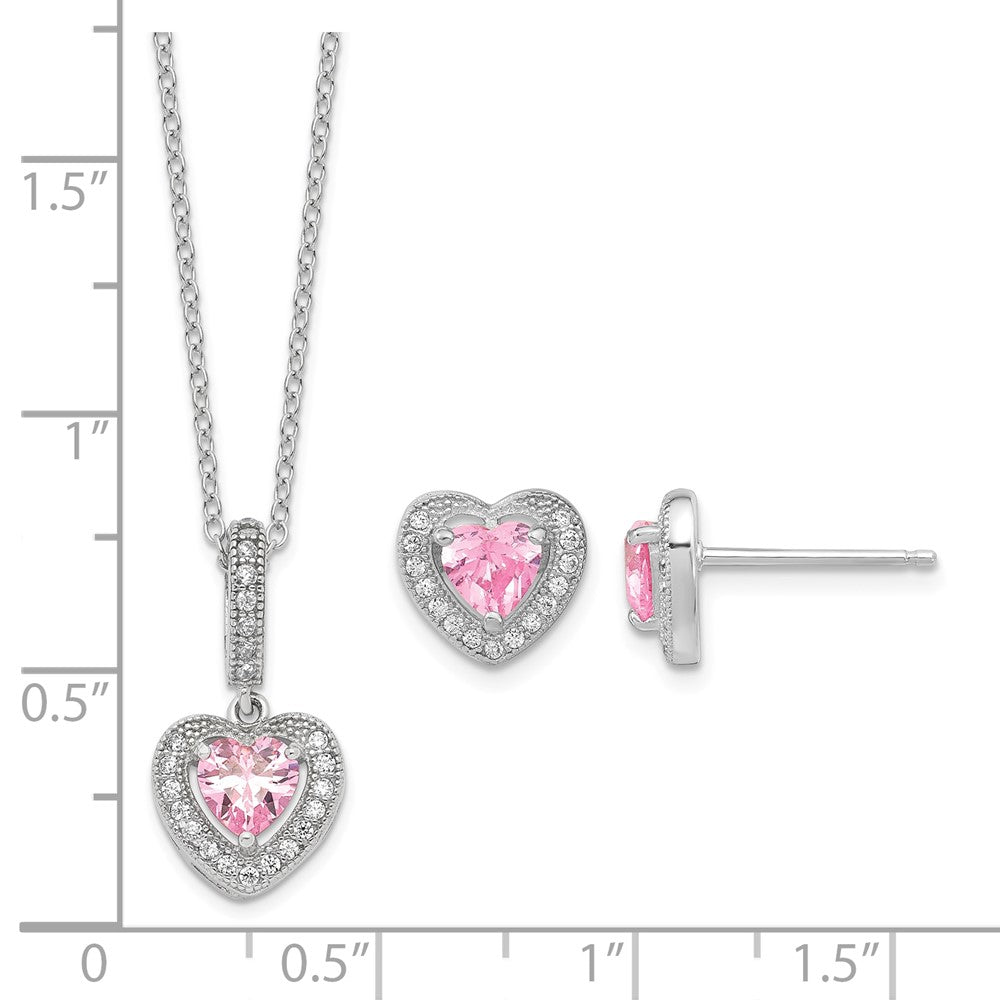 Sterling Silver Polished Rhodium CZ Heart 18in Necklace and Earring Set