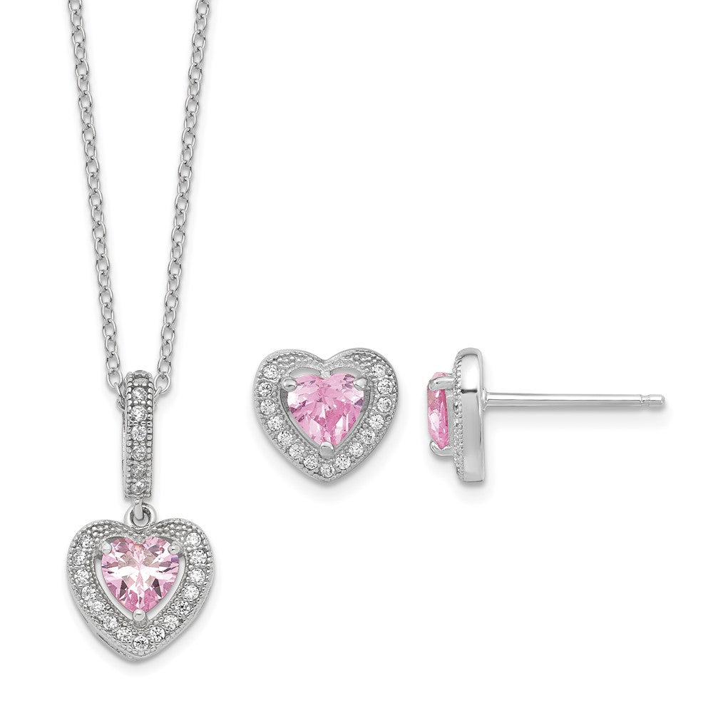 Sterling Silver Polished Rhodium CZ Heart 18in Necklace and Earring Set