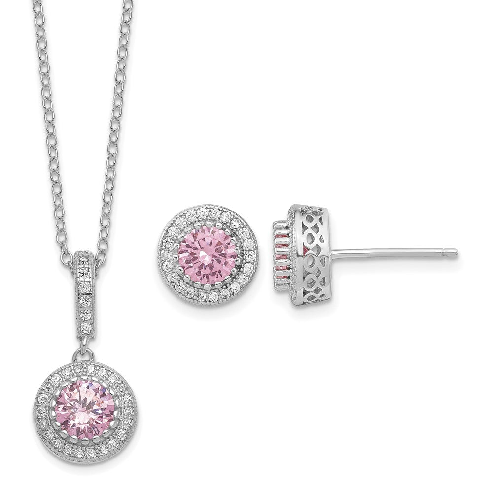 Sterling Silver Polished Rhodium-plated CZ 18in Necklace/Post Earrings Set