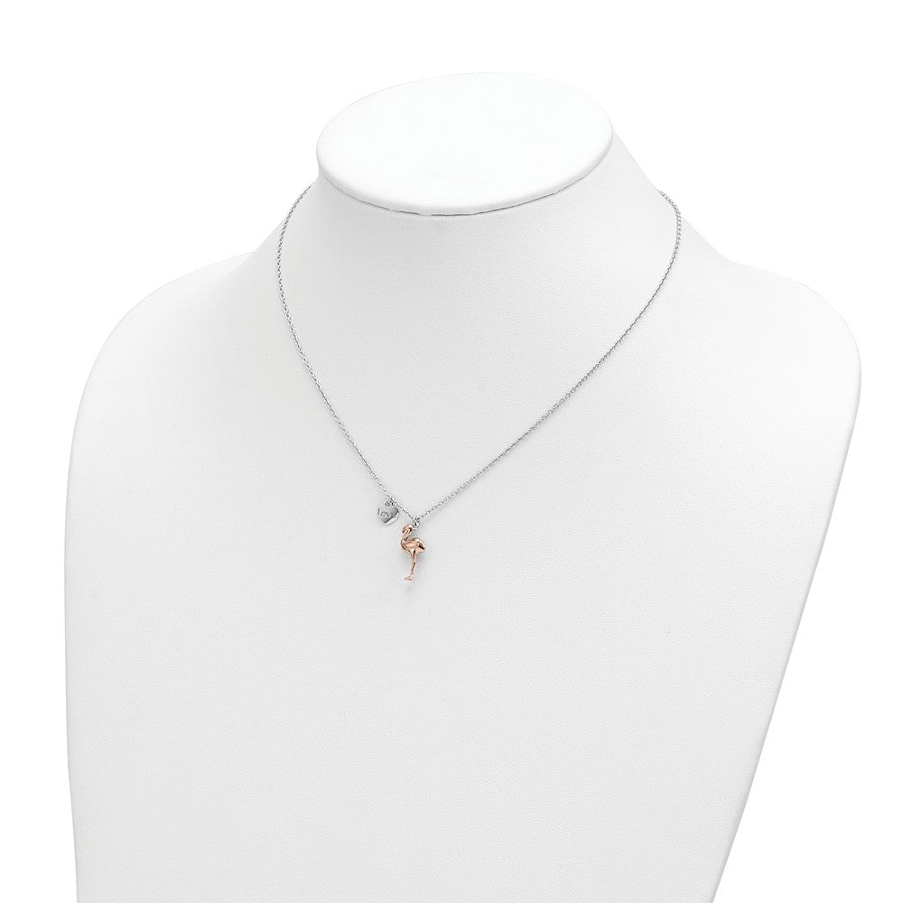 Sterling Silver RH-plate Rose-plated Flamingo Heart 16.5 + 1in Necklace