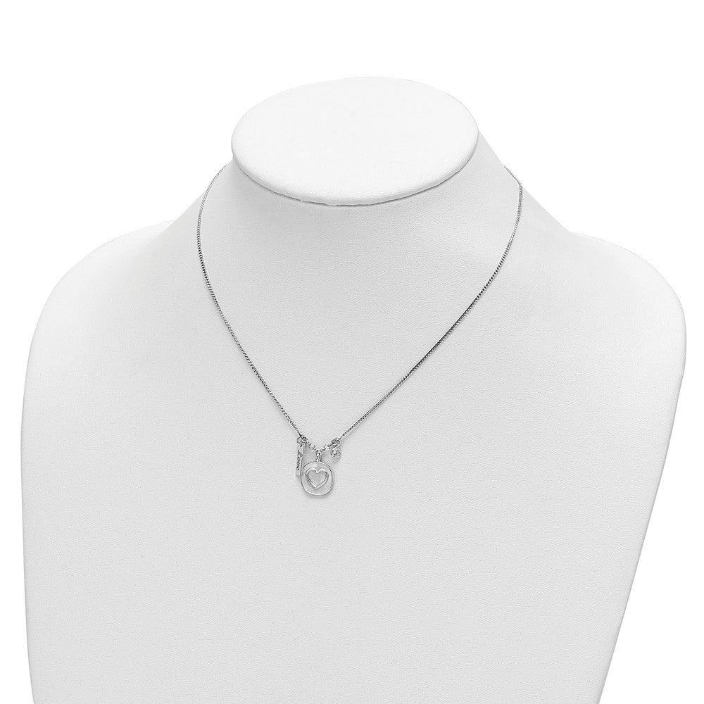 Sterling Silver Rhodium-plated Satin Heart/Love/CZ w/ Ext Necklace