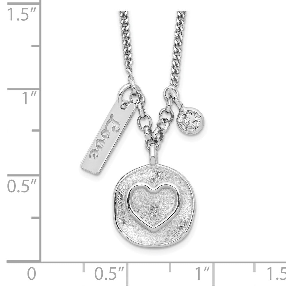 Sterling Silver Rhodium-plated Satin Heart/Love/CZ w/ Ext Necklace