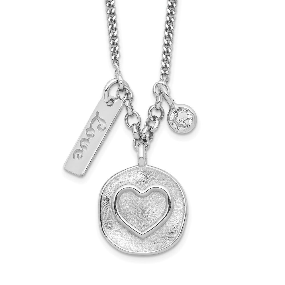 Sterling Silver Rhodium-plated Satin Heart/Love/CZ w/ Ext Necklace